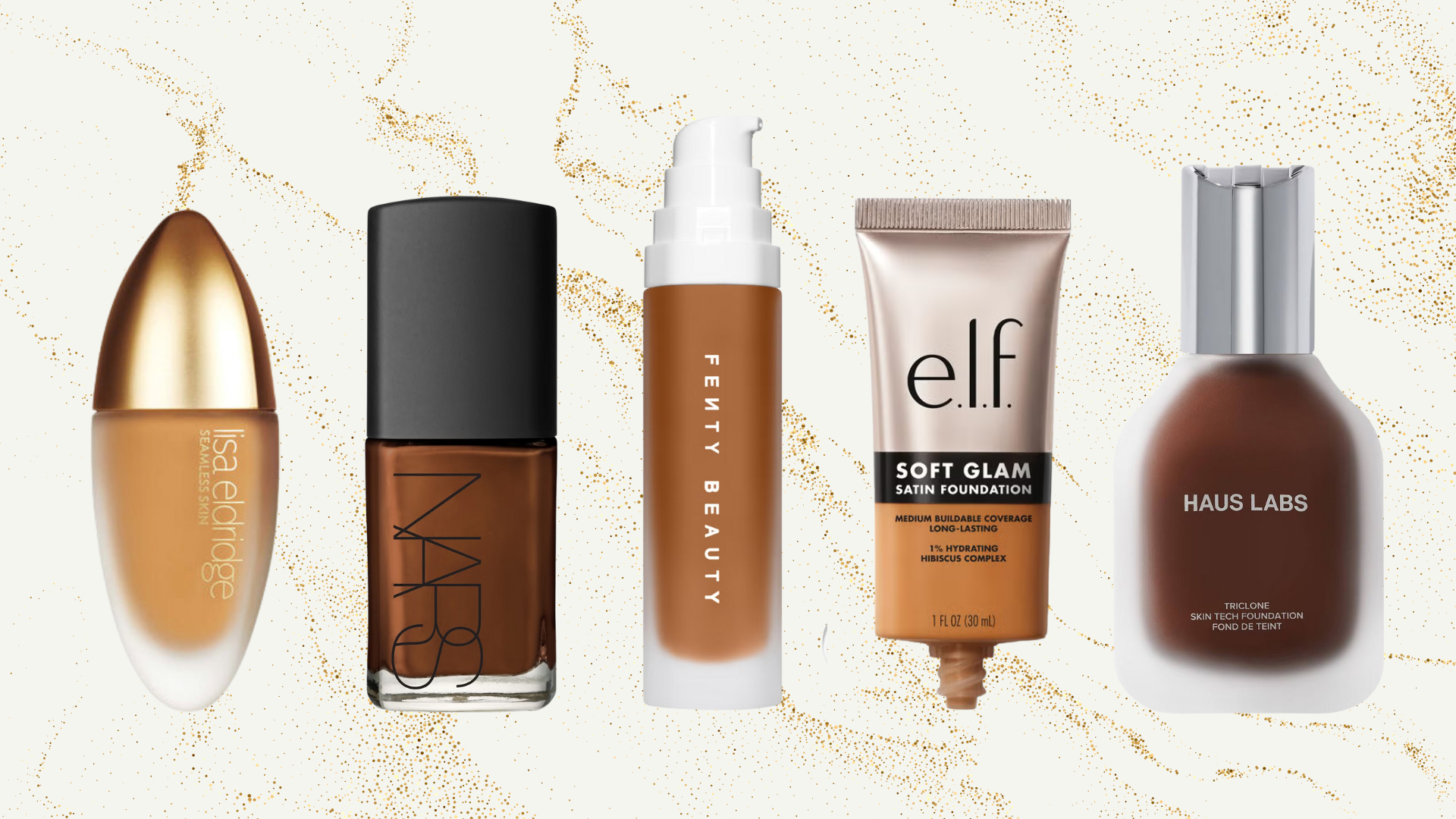 Collage of five of the best foundations for dark skin from (left to right) Lisa Eldridge, NARS, Fenty Beauty, e.l.f. Cosmetics and Haus Labs, set against a cream and gold marble background