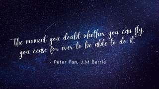 A children's book quote from Peter Pan by J.M. Barrie seen on a starry sky background.