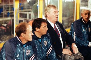 England Bench: Phil Neal Assistant Coach, Graham Taylor Manager & Lawrie McMenemy assistant Manager (Photo by Daily Mirror/Mirrorpix/Mirrorpix via Getty Images)