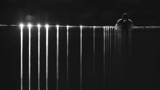 Black-and-white image of a duck swimming at night, with bright lights along the waterline casting long vertical reflections