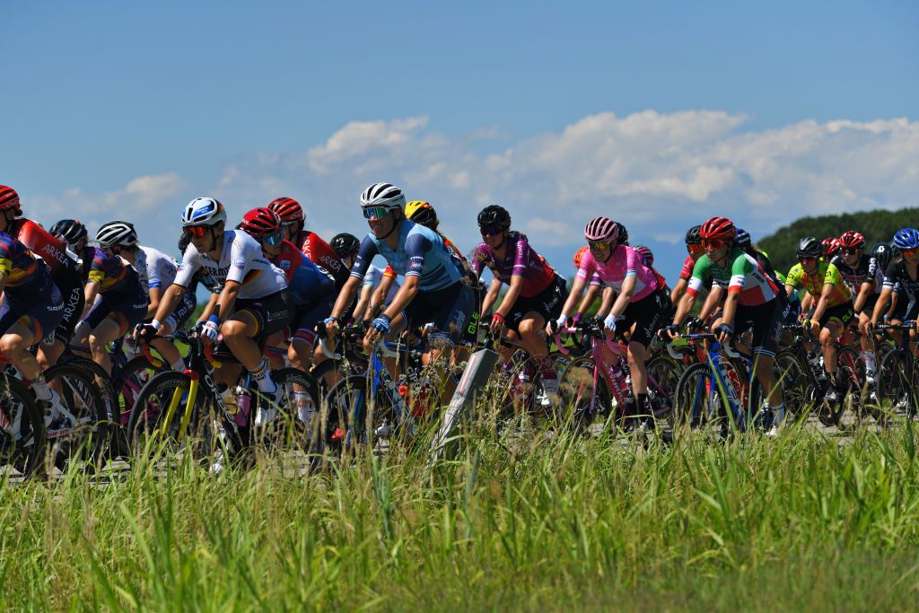 MORTEGLIANO ITALY JULY 09 Lisa Brennauer of Germany and Ceratizit WNT Pro Cycling Team Ellen Van Dijk of Netherlands and Team Trek Segafredo Chantal Van Den Broek Blaak of Netherlands and Team SD Worx Anna Van Der Breggen of Netherlands and Team SD Worx Pink Leader Jersey Elisa Longo Borghini of Italy and Team Trek Segafredo The Peloton during the 32nd Giro dItalia Internazionale Femminile 2021 Stage 8 a 1294km stage from San Vendemiano to Mortegliano GiroDonne UCIWWT on July 09 2021 in Mortegliano Italy Photo by Luc ClaessenGetty Images