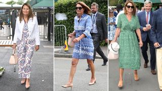 Composite of Carole Middleton wearing pinky-nude shoes at Wimbledon in 2022, 2019 and 2019 on another day