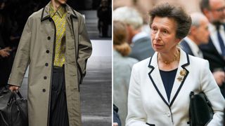 Composite of a Fendi menswear outfit at Milan Fashion Week 2024 and Princess Anne wearing a similar blazer design