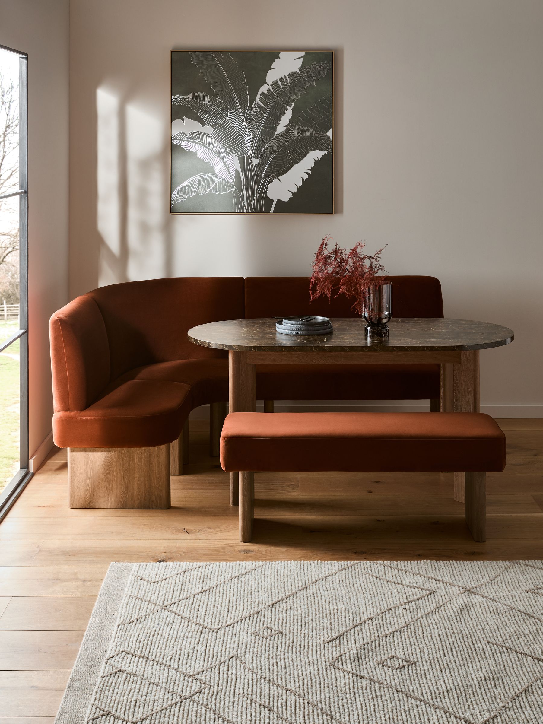 Soft Velvet Rust Nomad Left Hand Corner Dining Table and Bench Set