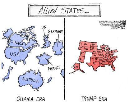 Political cartoon U.S. Allied Forces WWII Obama Trump foreign affairs