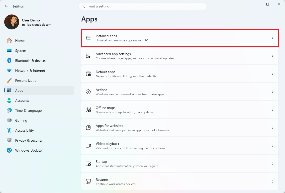 Installed apps settings