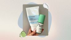 Hand holding Illiyoon Ceramide Ato Concentrate Cream and Purito Centalla Serum on a pastel watercolour background with blue graphic, cream and green serum swatch
