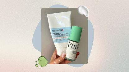 Hand holding Illiyoon Ceramide Ato Concentrate Cream and Purito Centalla Serum on a pastel watercolour background with blue graphic, cream and green serum swatch