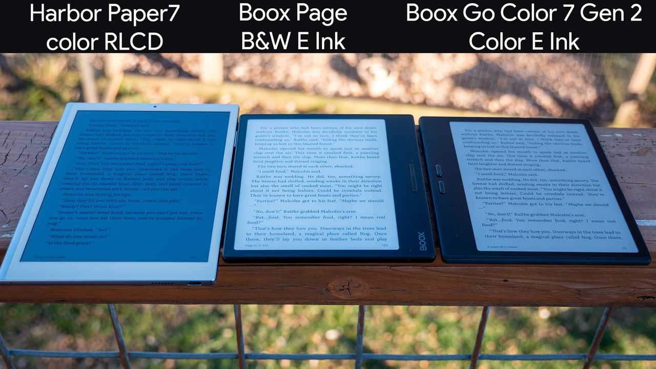 Comparing color RLCD, color E Ink, and black &amp; white E Ink on a Harbor Paper 7, Onyx Boox Page, and Onyx Boox Go Color 7 Gen 2