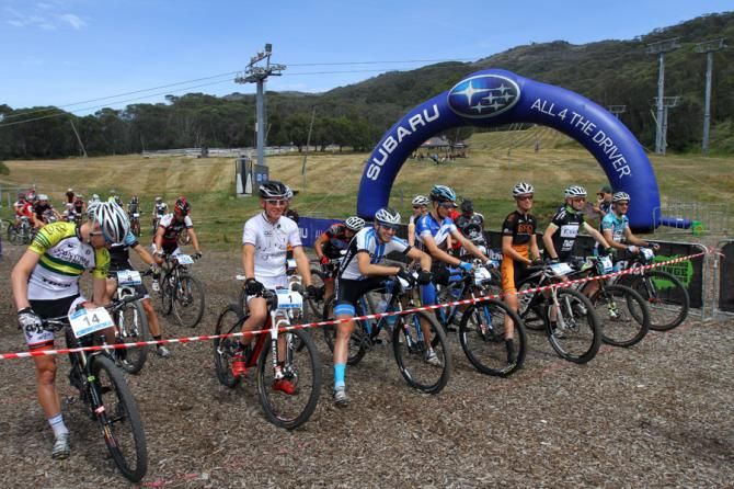 The start of the elite men's cross country race in Thredbo