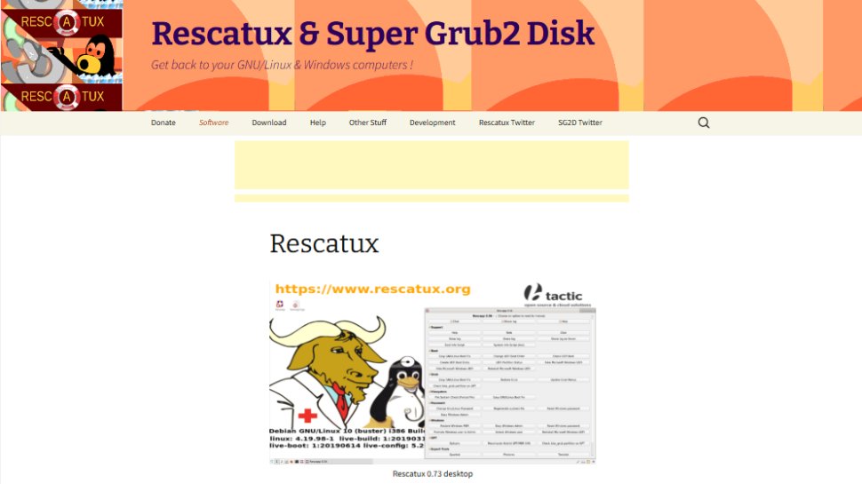 Website screenshot of Rescatux (August, 2025)