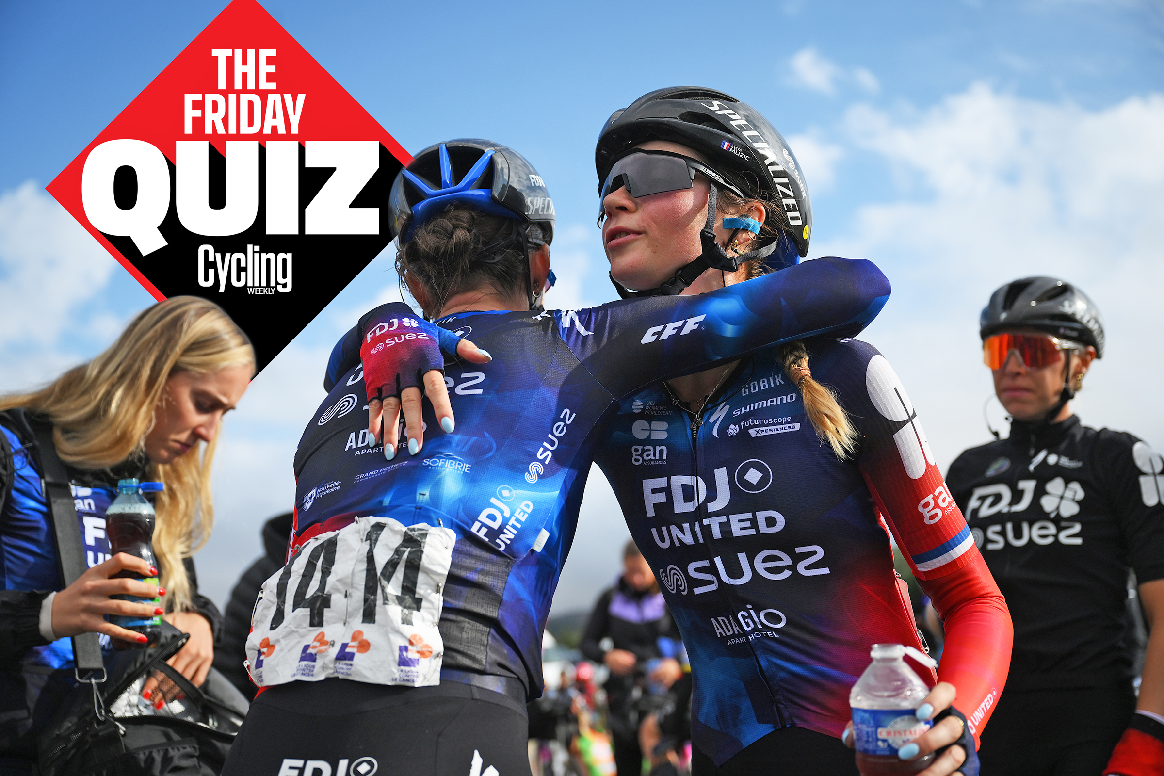 Colour balanced image of FDJ Suez riders congratulating each other 