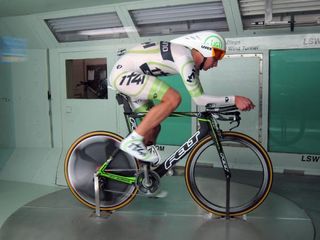 Project 1t4i rider Patrick Gretsch records a "run" during a test session at the San Diego Low Speed Wind Tunnel.