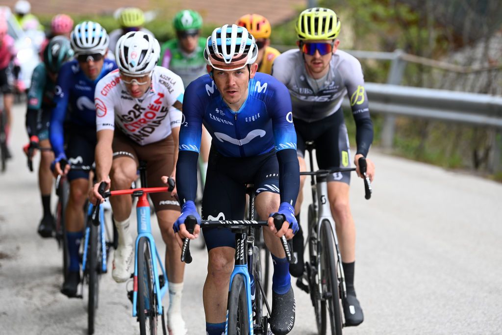 PREDAZZO ITALY APRIL 20 Gregor Muhlberger of Austria and Movistar Team competes in the breakaway during the 46th Tour of the Alps 2023 Stage 4 a 1529km stage from Rovereto to Predazzo 1023m on April 20 2023 in Predazzo Italy Photo by Tim de WaeleGetty Images