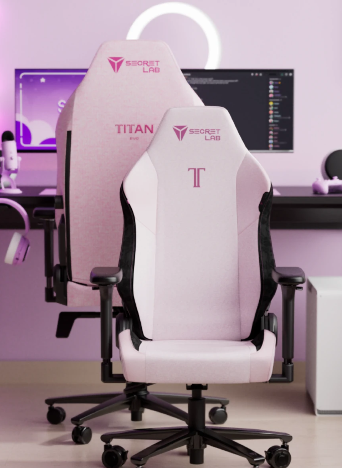 The SecretLabs Titan XXS in pink and its wheels