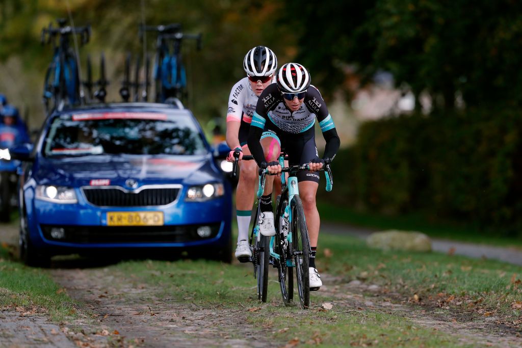 HOOGEVEEN NETHERLANDS OCTOBER 23 Janneke Ensing of Netherlands and Team BikeExchange competes ahead of Lieke Nooijen of Netherlands and Team Parkhotel Valkenburg in the breakaway through cobblestones sector during the 17th UCI Womens WorldTour Ronde van Drenthe 2021 a 1591km one day race from Assen to Hoogeveen UCIWWT RondevDrenthe on October 23 2021 in Hoogeveen Netherlands Photo by Bas CzerwinskiGetty Images