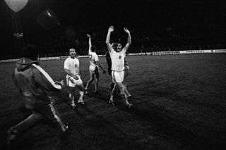 Antonin Panenka celebrates Czechoslovakia's penalty shootout win over West Germany in the final of the 1976 European Championship.