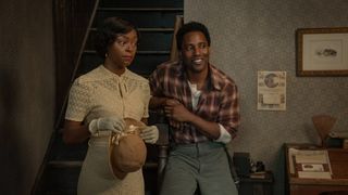 (L-R) Danielle Deadwyler as Berniece Charles and John David Washington as Boy Willie Charles in "The Piano Lesson" on Netflix