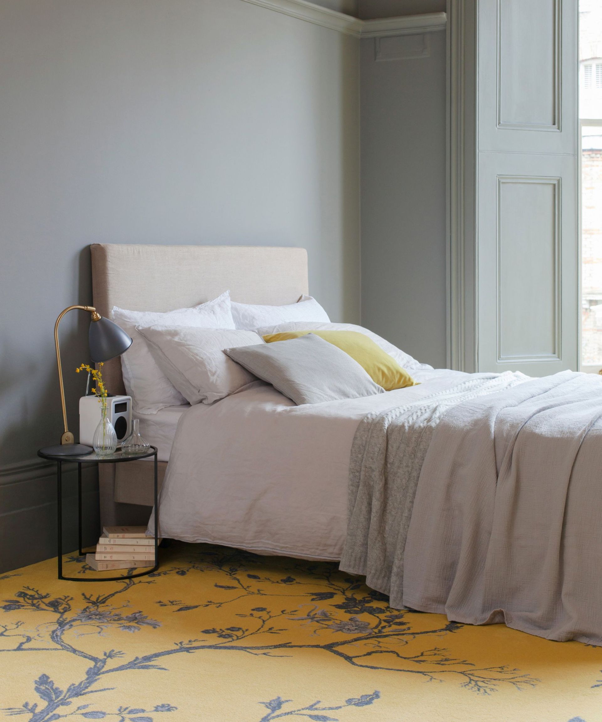 patterned carpet in bedroom