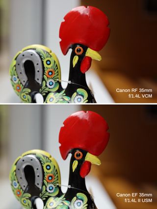 Two identical images of a close up of a rooster figurines eye