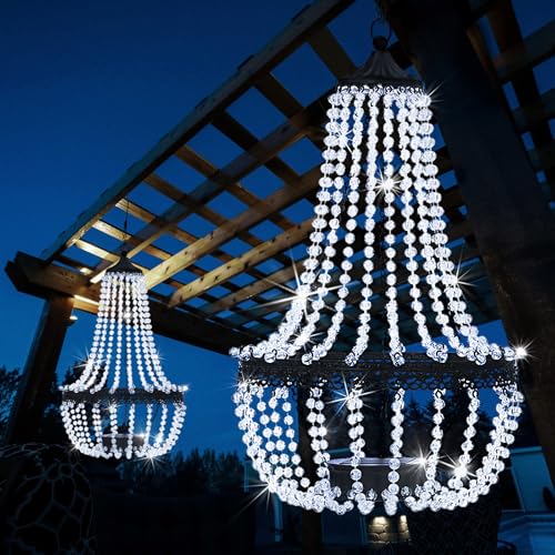 Hanging Solar Lantern Outdoor, 28&amp;rdquo; Modern Clear Crystal Acrylic Chandelier With 30 Cool White Lights S Hook for Garden, Yard, Patio, Gazebo Decorations