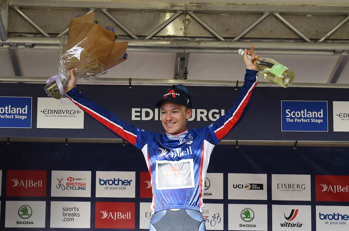 Picture by SWpixcom 11092021 Cycling AJ Bell Tour of Britain Stage 7 Hawick to Edinburgh Scotland Ethan Hayter of INEOS Grenadiers celebrates on the podium