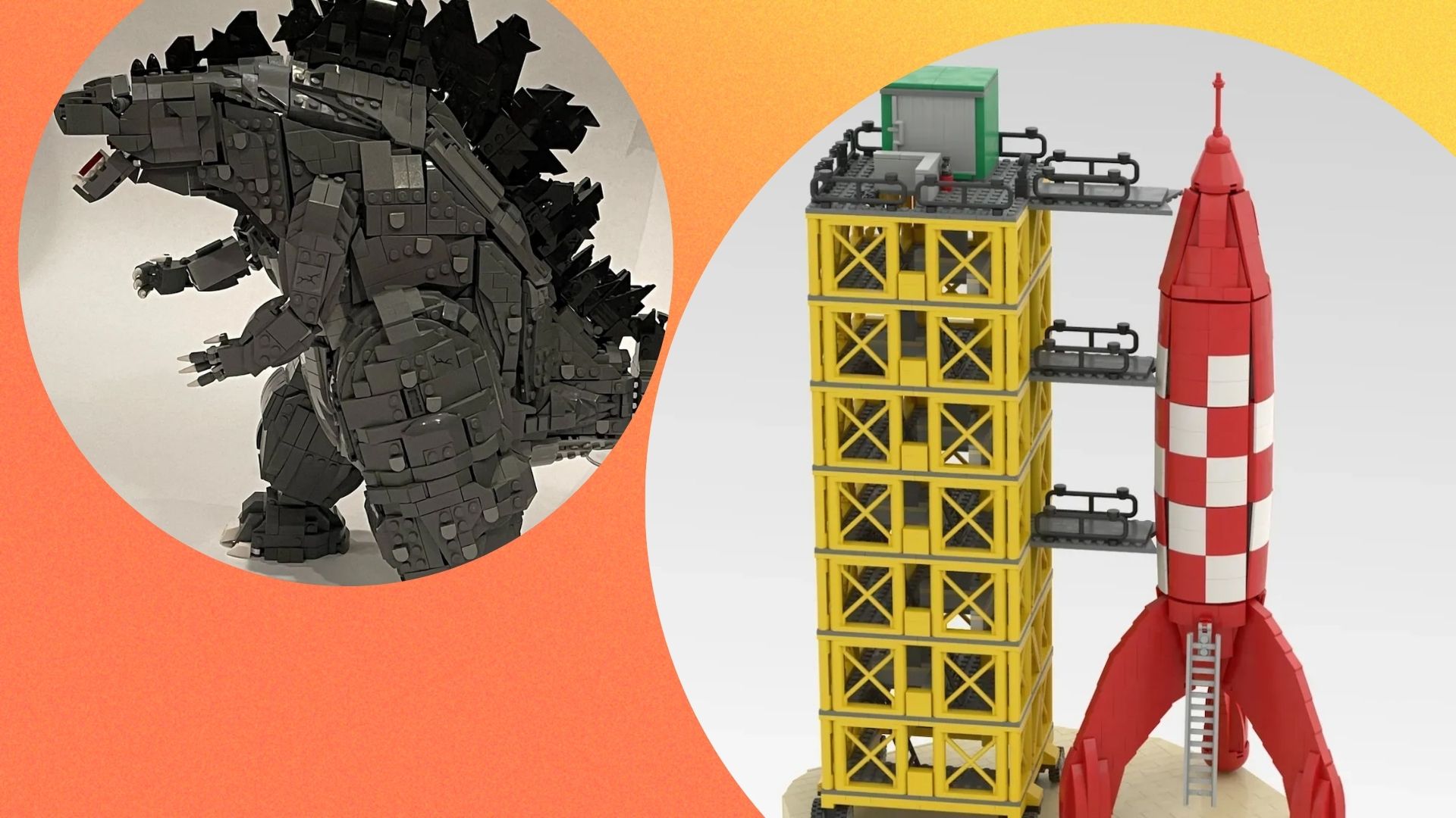 Godzilla planned LEGO set on the left and the Tintin rocket LEGO set on the right with both on an orange background 