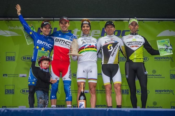Elite men's podium: Moritz Milatz, Julien Absalon, Nino Schurter, Florian Vogel, Rudi van Houts
