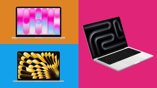 Three MacBooks on colourful backgrounds. 