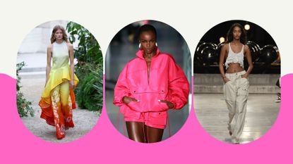 composite of three models on the runway wearing items included in the spring/summer fashion trends 2023