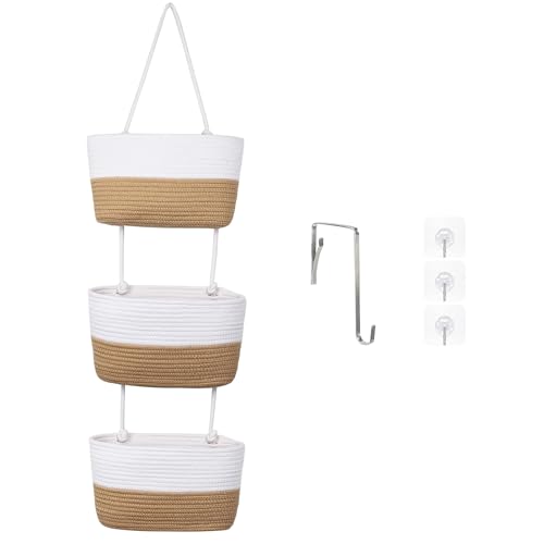 Willitat Hanging Baskets for Organizing, 3 Tier Wall Storage Basket, Boho Baby Nursery Organization Decor for Wall, Cotton Rope Over the Door Organizer, Behind Door Toy Storage (brown)