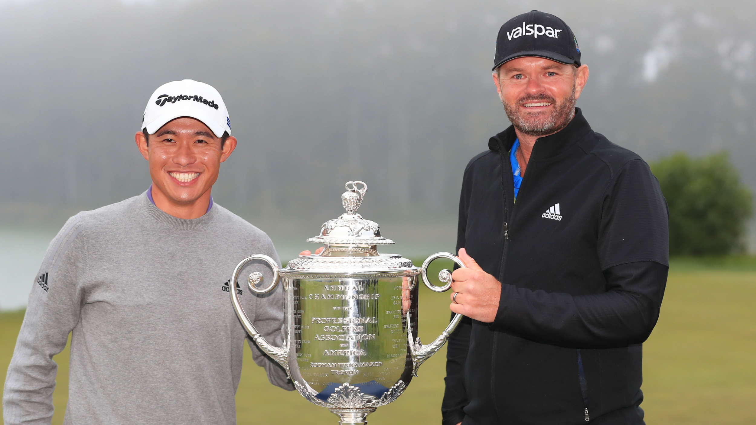 Collin Morikawa and JJ Jakovac with the PGA Championship trophy
