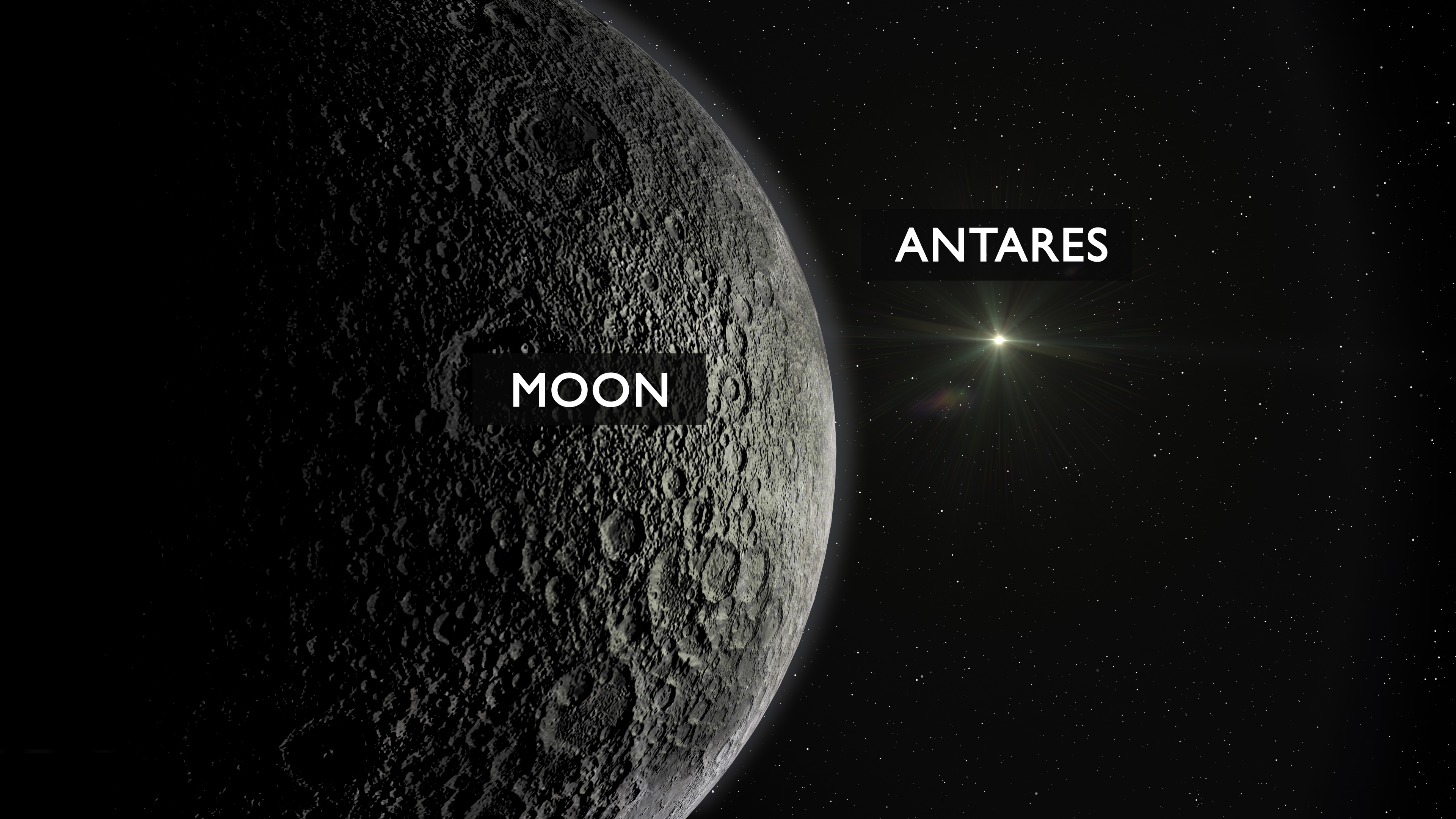 a grey orb dotted with craters on a black, starry background next to a bright star labeled "antares"