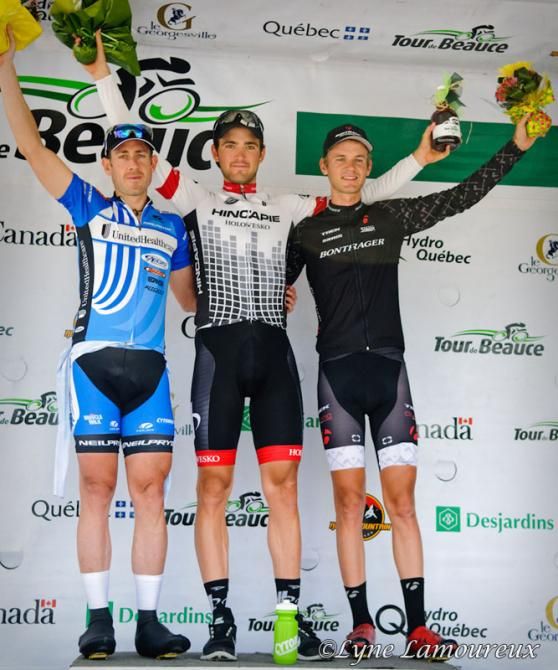 Stage 4 podium: Joey Rosskopf (Hincapie Sportswear) first, Nathan Brown (Bontrager) second, Ben Day (UnitedHealthcare) third