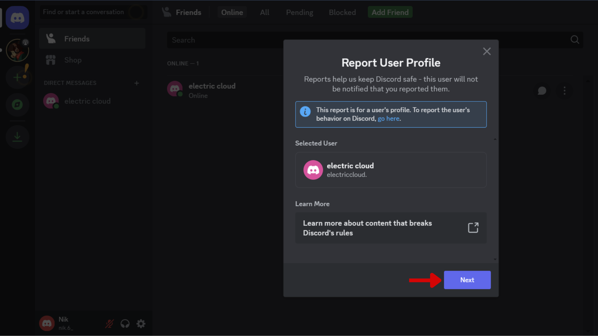 A screenshot of the Discord web app showing the Report User Profile menu and a red arrow highlighting the Next button. 