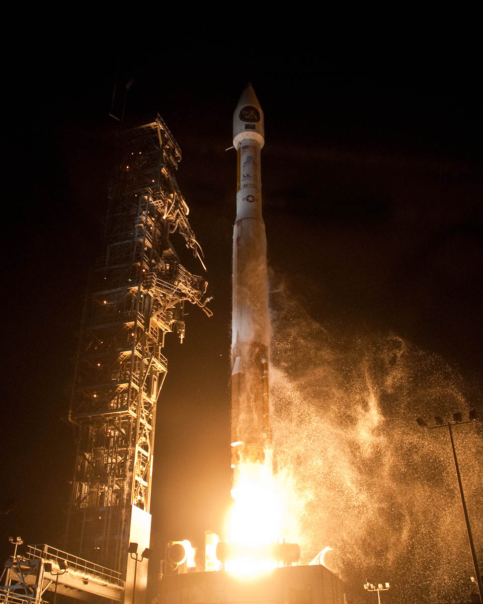 A United Launch Alliance Atlas 5 rocket blasts off from Space Launch Complex-3 at 9:24 p.m. PDT on April 14, 2011 with the classified NROL-34 satellite for the National Reconnaissance Office.