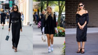 A composite of street style influencers wearing christmas party outfits the LBD