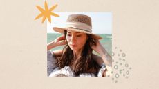 a beige backdrop with an image of a woman on a beach, wearing a sunhat, with long brown hair, looking downward