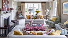 Living room sofa ideas with colorful upholstery and grey walls