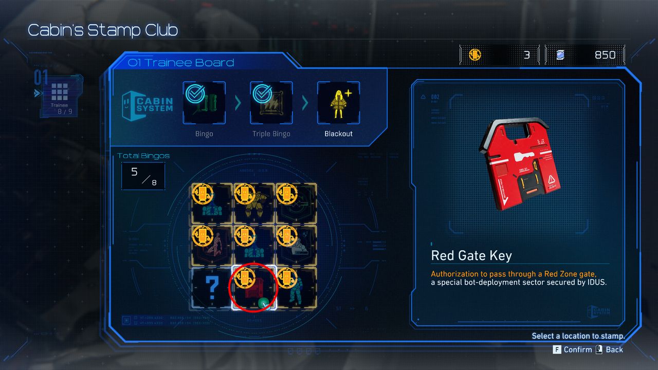 Pragmata Red Zone Gate Keys: A Red Gate Key in the Trainee bingo board.