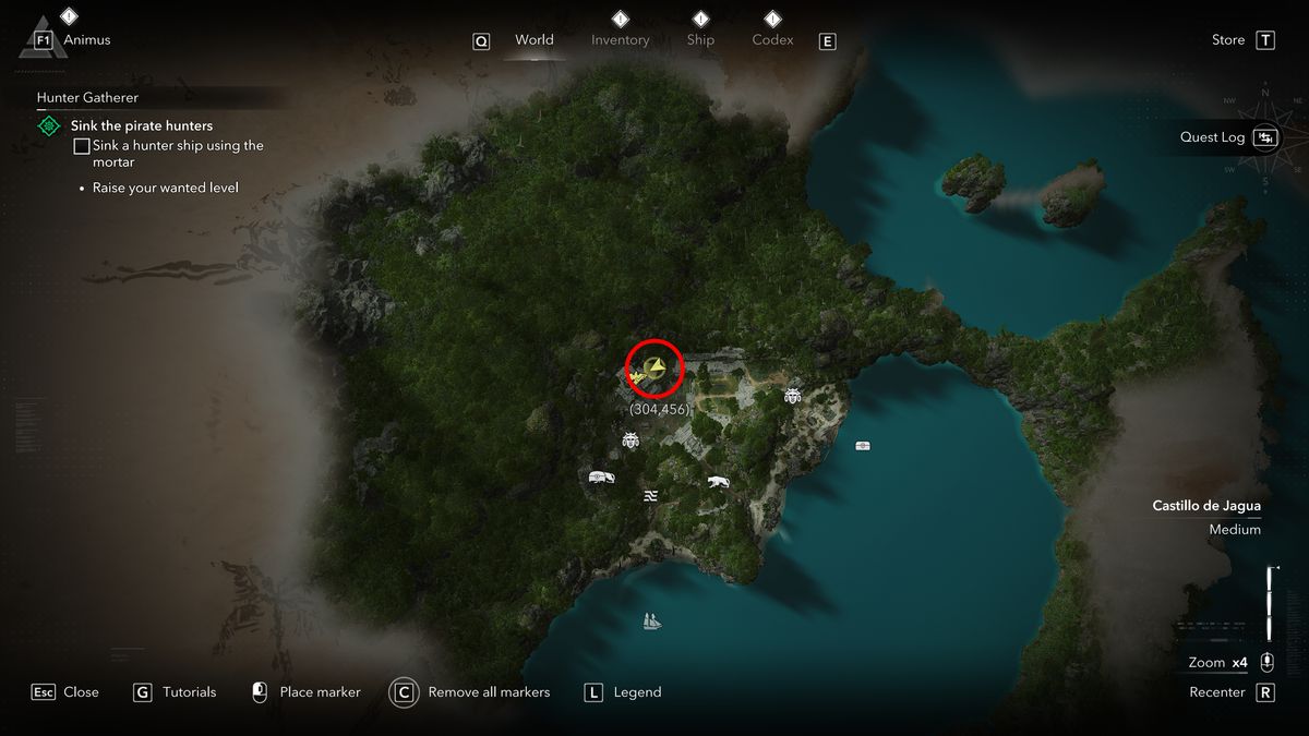 Black Flag treasure maps: A screenshot of the map with a red circle showing the location of the buried treasure chest in Pinos Isle.