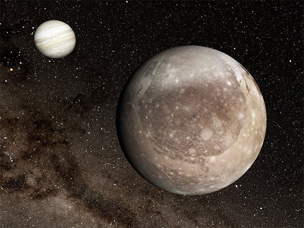 An artist&#039;s depiction of Jupiter, at left, and its massive moon Ganymede in the foreground.