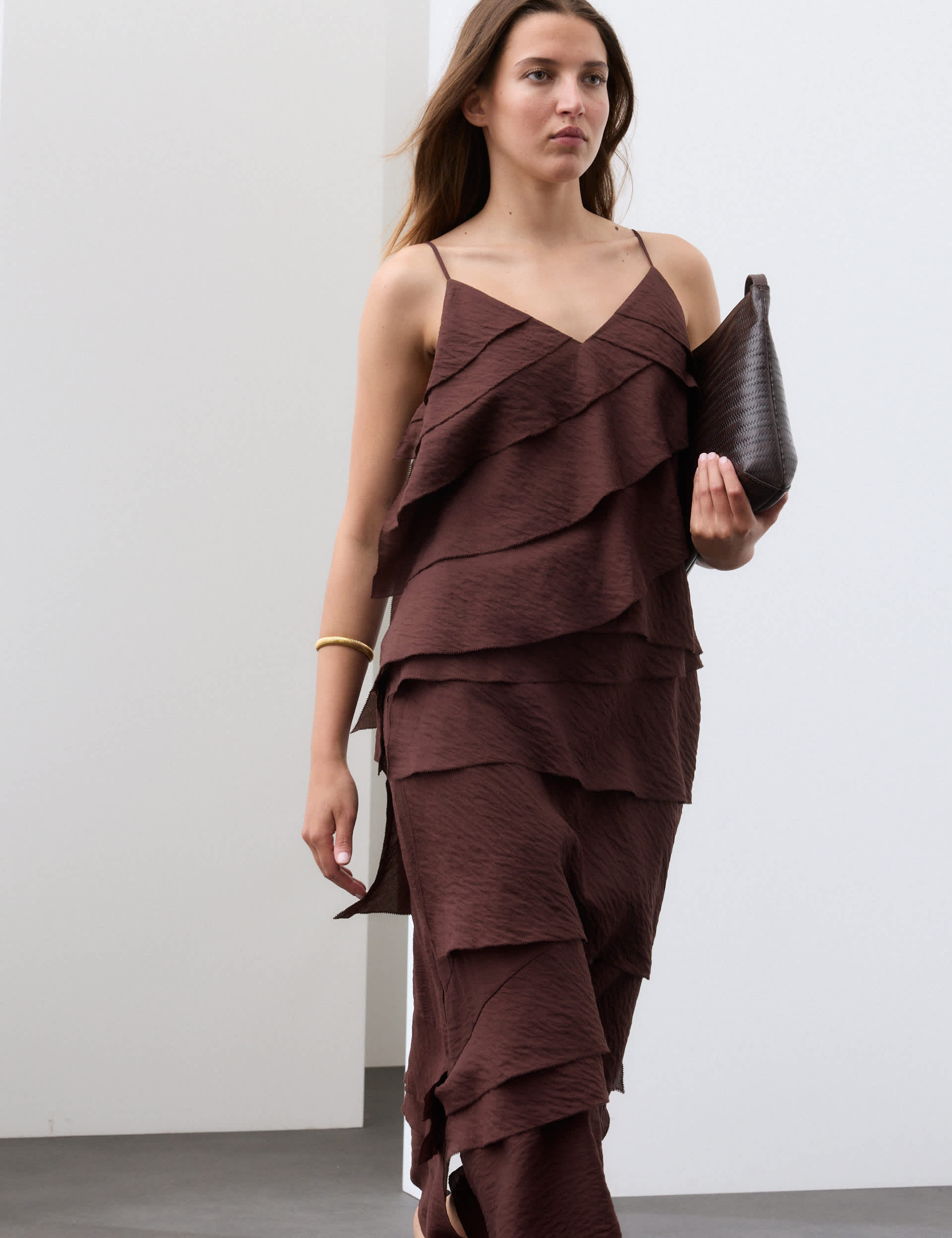 Textured V-Neck Ruffle Maxi Cami Dress