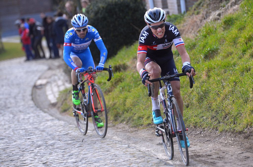 Sylvain Chavanel (IAM Cycling) chases down Philippe Gilbert (BMC)