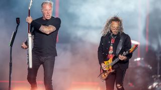 Guitarists James Hetfield and Kirk Hammett of the band Metallica performing at Mad Cool 2022 festival