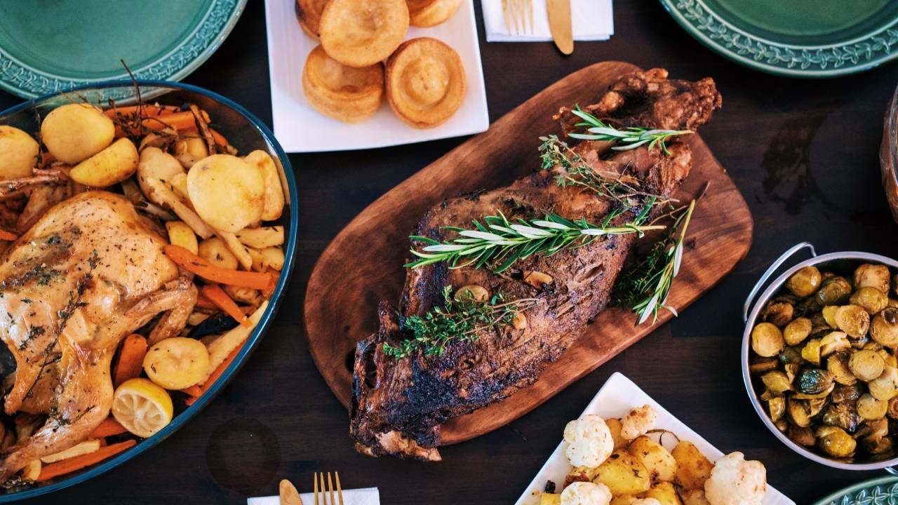 A table filled with Christmas food