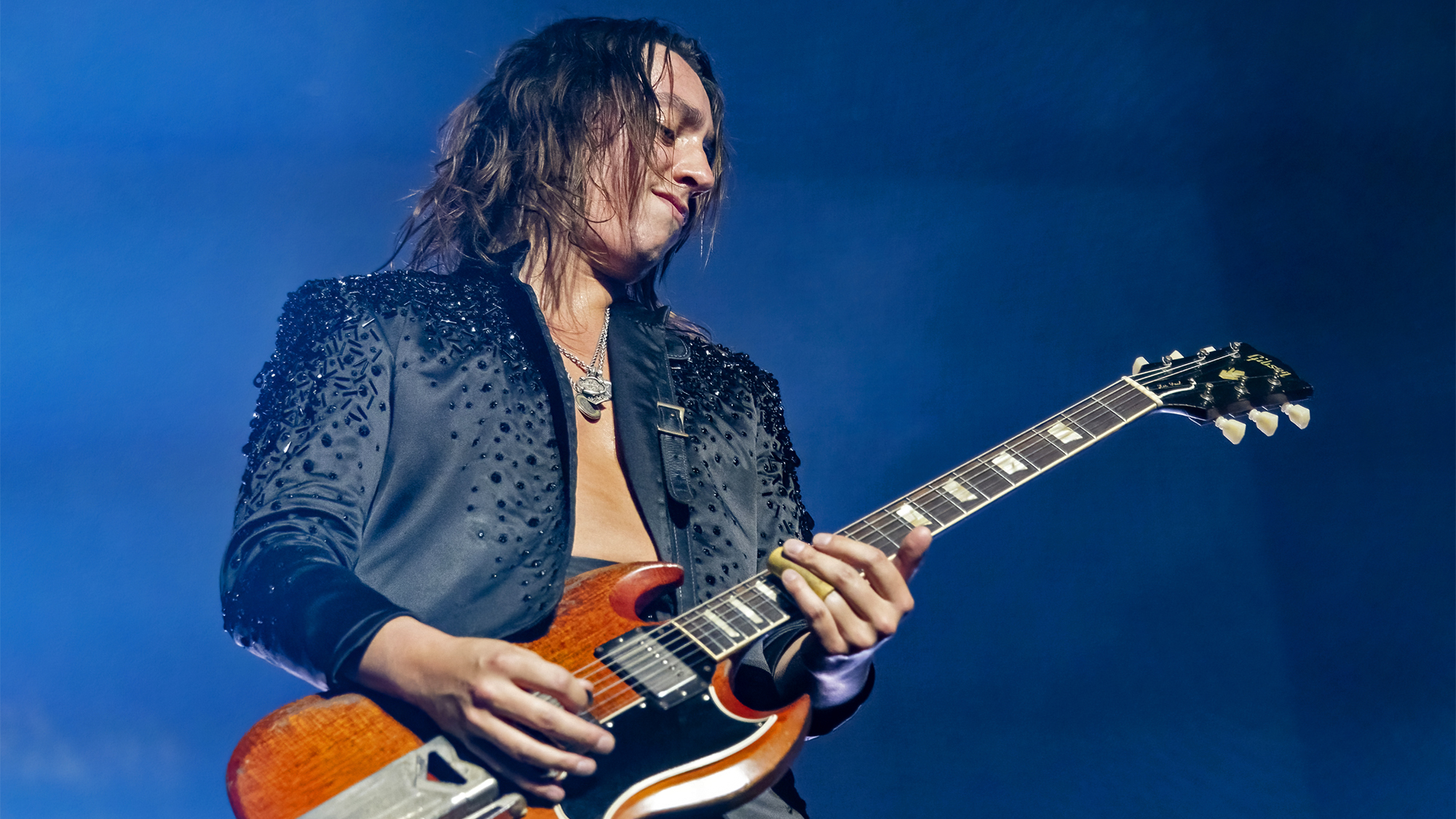 Jake Kiszka of Greta Van Fleet performs during their Starcatcher World Tour at Little Caesars Arena on September 08, 2023 in Detroit, Michigan.