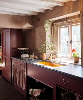 dark purple kitchen cabinets with light pink walls
