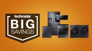 Samsung appliances on an orange TechRadar deals background