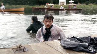 jonathan bailey as anthony bridgerton in the wet shirt scene from bridgerton season 2 on netflix